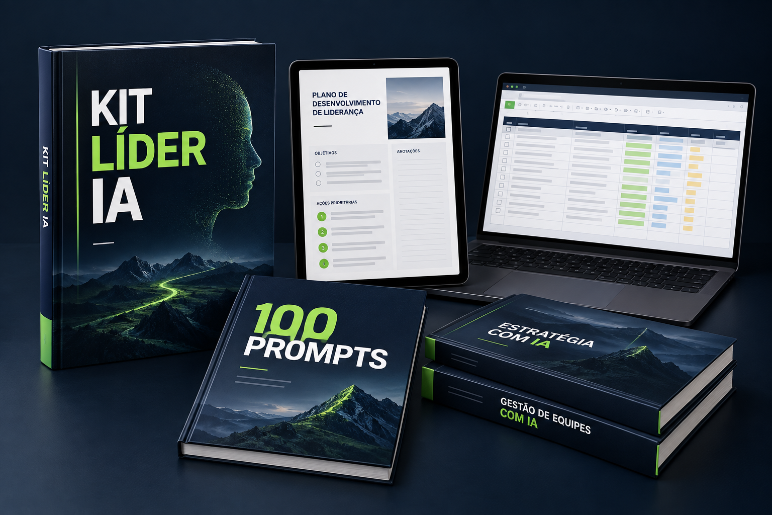 Mockup ilustrativo do Kit Líder IA com livros, tablet e planilha em notebook